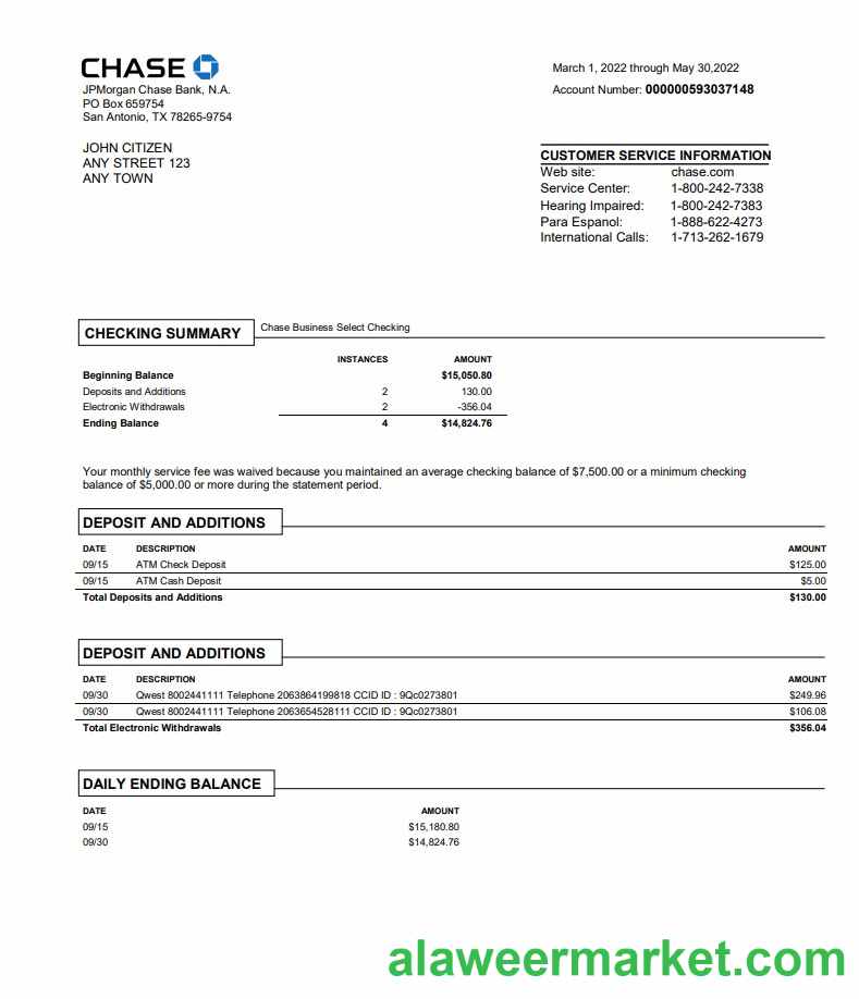 USA Chase bank statement Word and PDF template, version 3